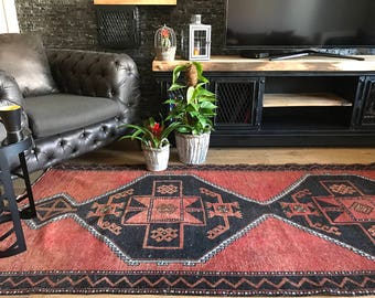 Oushak Rug FREE SHIPPING ! 3.6x11.3ft Red Black Mute Color Rug Vintage Rug Handmade Rug Turkish Rug Anatolian Rug