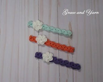 Crochet cotton flower headband with pearl bead