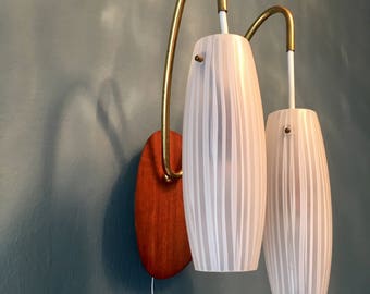 Mid century wall lamps | set of 2 | opaline glass · teakwood. brass |