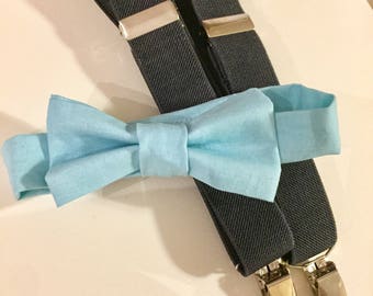 Boys Bow Tie and Suspender Set, Boys Bow Tie, Toddler Bow Tie, Baby Bow Tie, Blue Bow Tie, Grey Suspenders