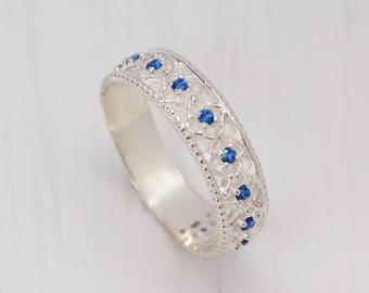 Silver sapphire ring, Sapphire wedding ring, Siver band ring, Unique wedding band, Women silver band, Antique ring, Blue stone ring