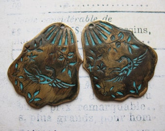 Vintage Brass Floral and Bird Pendants in Aged Blue Patina - set of 2