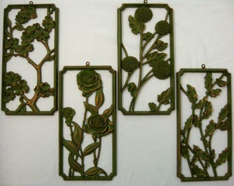 Vintage Mid Century 4 Syroco Wall Plaques, Avocado Green And Gold, Four Seasons Flowers, 1955, Vintage 1950's Wall Decor, Kitsch Wall Art