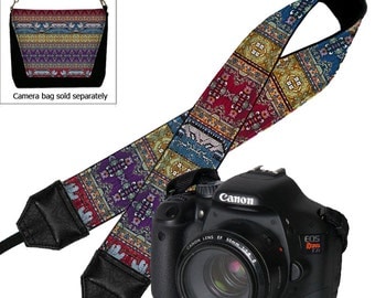 Camera Neck Strap Boho Dslr Camera Strap SLR Padded Camera Strap, Nikon Canon Sony, Digital Turkish Tapestry Kilim Fabric blue red purple