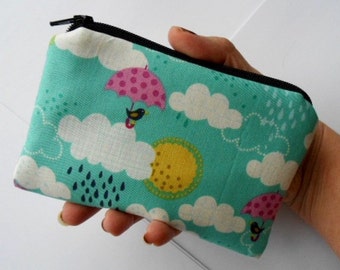 Zipper Pouch Little Padded Coin Purse ECO Friendly NEW Rain birds on Teal