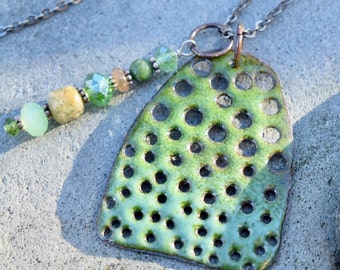 Enamel Pendant Necklace Copper Enameled Jewelry Two Faced