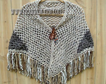 Brown Oak Crochet Shawl... knit crocheted fringed yarn leather leaf tie bohemian boho