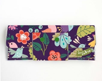 Handmade Vinyl Long Wallet - Gentle, bird wallet, purple, floral, vegan, large wallet, clutch, zipper, card case, vinyl wallet, flowers,