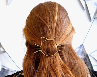 Cat Bun Pin Hair Clip Brass Barette Handmade Cat Whiskers Bun Slide