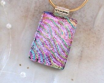 Pink Necklace, Dichroic Pendant, Glass Pendant, Fused Glass Jewelry, Gold, Necklace Included, A7