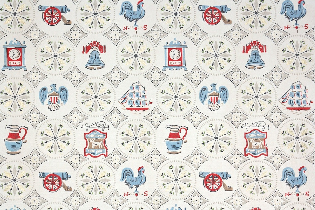 1950s Vintage Wallpaper by the Yard Patriotic Americana Red