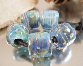 Handmade lampwork glass bead set, Artisan glass beads, blue beads, green beads, aqua beads, gold beads, barrel beads, SRA lampwork beads