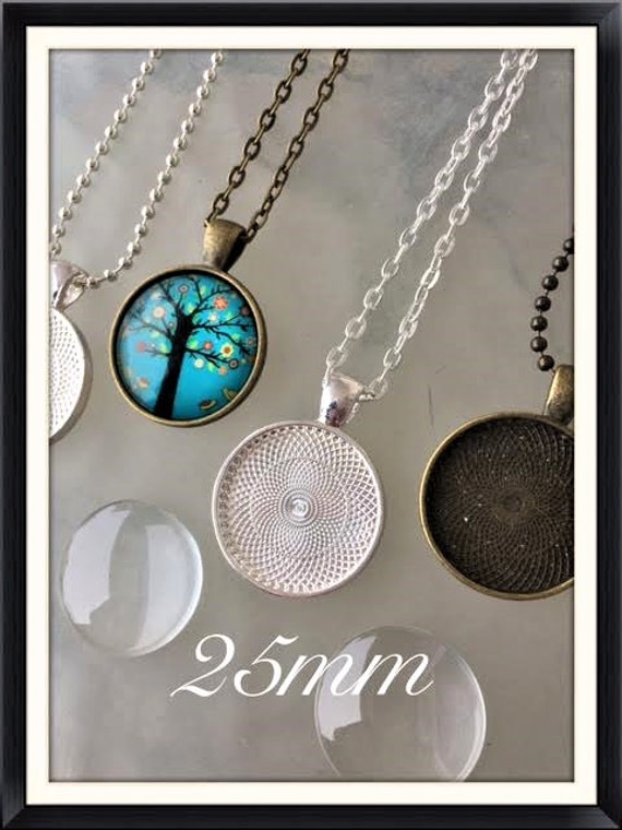 20 Glass Tile Pendant Necklace Kits 25mm 20 Bezels 20 Chains
