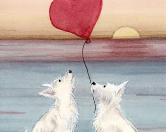 Romantic west highland terrier (westie) pair on beach / Lynch signed folk art print