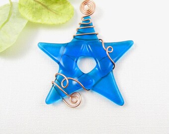 Turquoise Glass Star Ornament Suncatcher - Fused Glass Star Christmas Ornament - Star Window Decoration - Christmas Star Ornament
