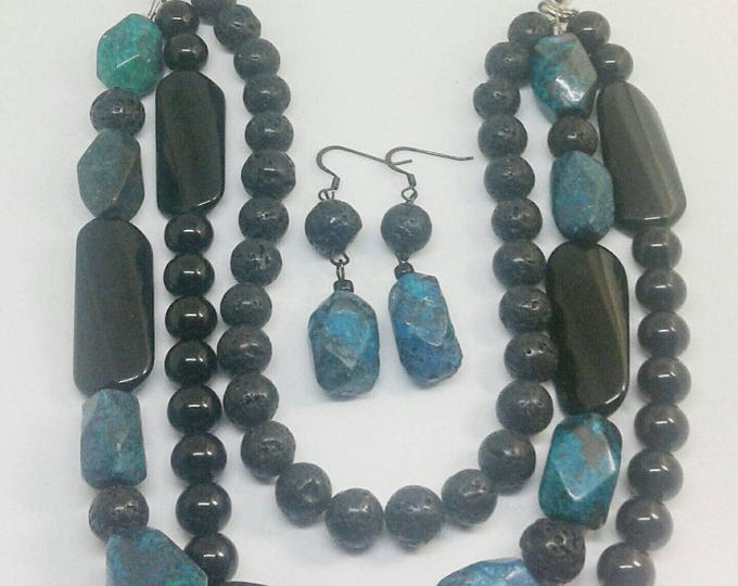 Emmi Item #201734, Handmade Jewelry, Handcrafted necklace and earring set designed with chrysocolla malachite and black onyx.