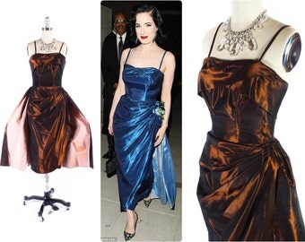 Vintage 50s Dress // 1950s Dress // Emma Domb Dress // Metallic Dress // Bronze Dress // Draped Dress // Ruched Dress - sz XS - 26 Waist