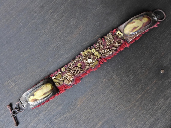 Antique fabric wrist cuff bracelet with bullion embroidery, pewter, resin - “Connubial”