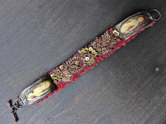 Antique fabric wrist cuff bracelet with bullion embroidery, pewter, resin - “Connubial”