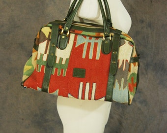 vintage 80s Kilim Duffel Bag - Large Kilim Tote Tapestry and Leather Bag Boho Carpet Bag Overnight Bag