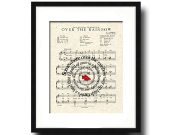 Over The Rainbow Ruby Slippers Spiral Song Lyric Sheet Music Art Print, Wizard Of OZ Movie Art, Art for Nursery, Childrens art