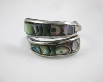 Size 7 1/2 Vintage Taxco Mexico Sterling Silver Abalone Shell Adjustable Ring Signed ADA