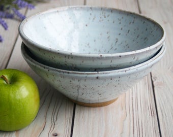 Pair of Ceramic Serving Bowls in White Speckled Blush Blue Glaze Stoneware Pottery Made in the USA Ready to Ship