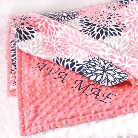 48 x 60 Minky Blanket Girl, Coral Navy Silver Flower Personalized Baby Blanket - Toddler Lap Size / Toddler Blanket / Flower Blanket