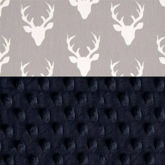 Personalized Mini Deer Baby Minky Blanket Boy Lovey, Navy Blue Gray Cotton // Boy Burp Cloth // Deer Burp Cloth // Security Blanket