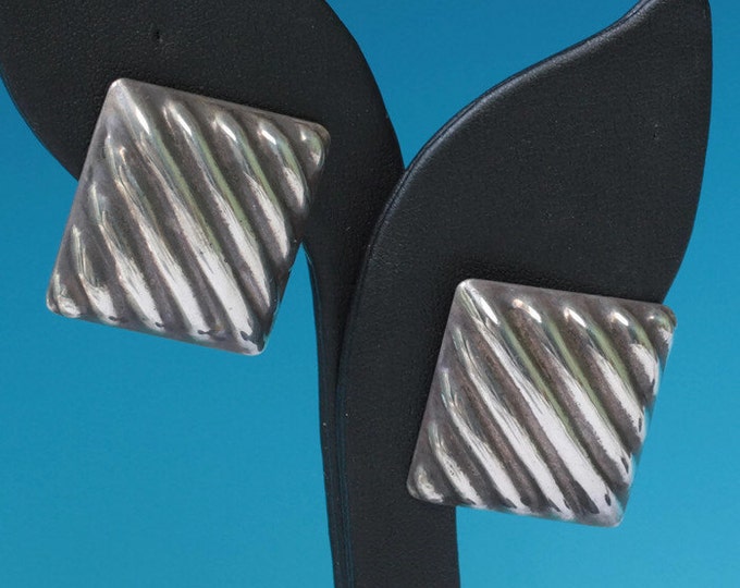 Sterling Ridged Square Earrings Posts Bold Chunky Boho Vintage