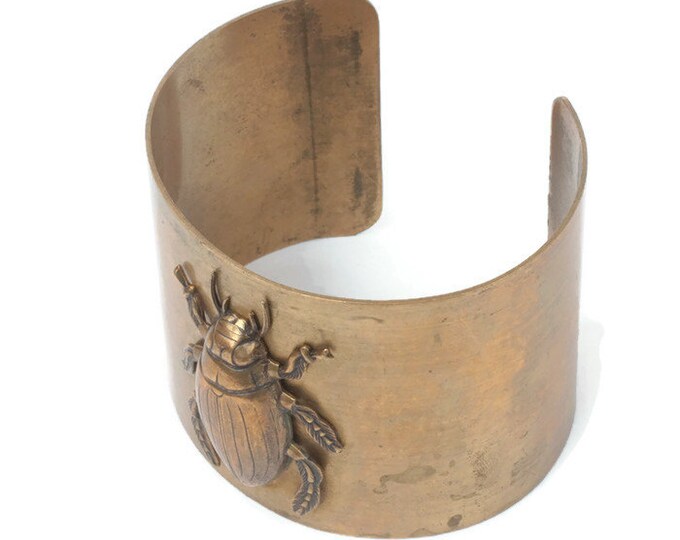 Brass Beetle Cuff Bracelet Vintage Dimensional Insect Jewelry