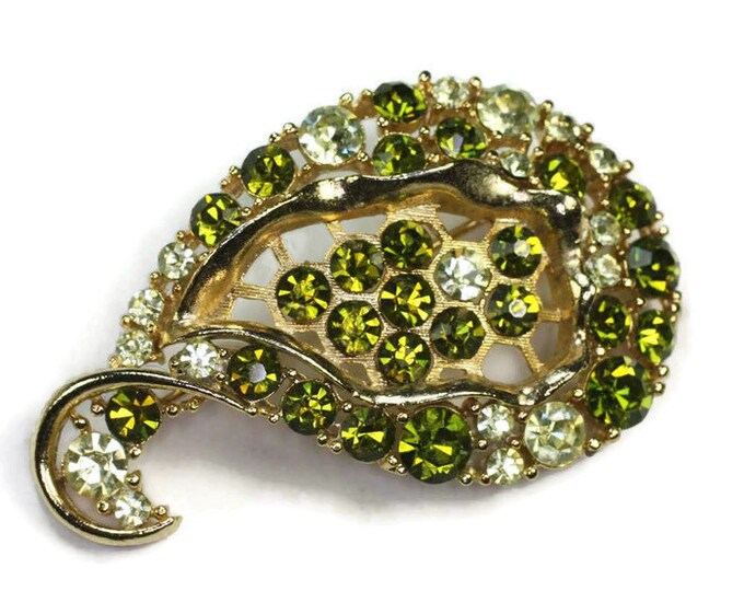 Green Rhinestone Brooch Signed Lisner Light and Dark Green Rhinestones Vintage