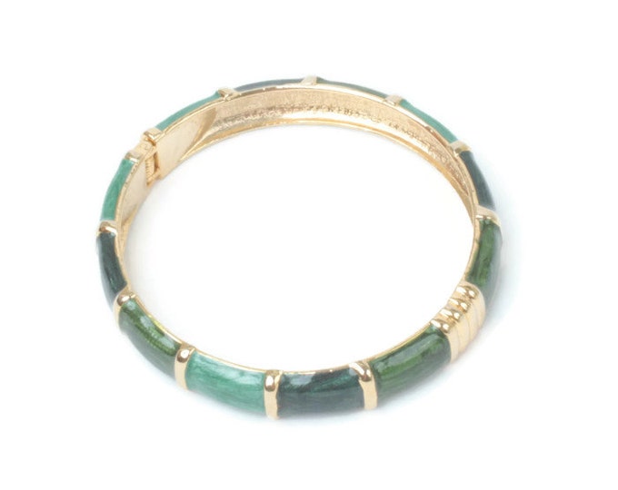 Green Enameled Bangle Bracelet Hinged Three Shades Green