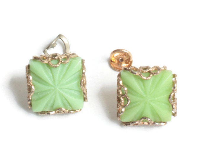 Green Molded Glass Earrings Filigree Accents Threaded Posts Vintage