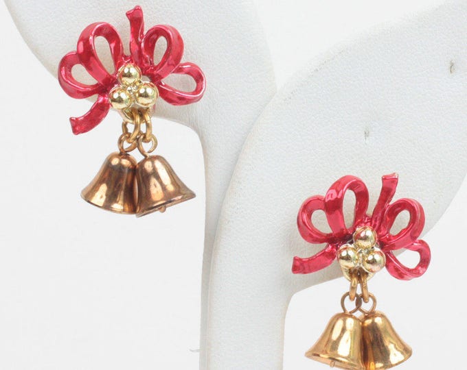 Christmas Holiday Bell Dangle Earrings Red Bows Posts Pierced Ears Vintage