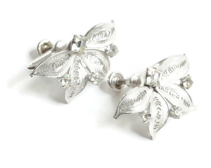 Sterling Filigree Earrings Clear Crystals Leaves Carl Art Signed Screw Back Vintage