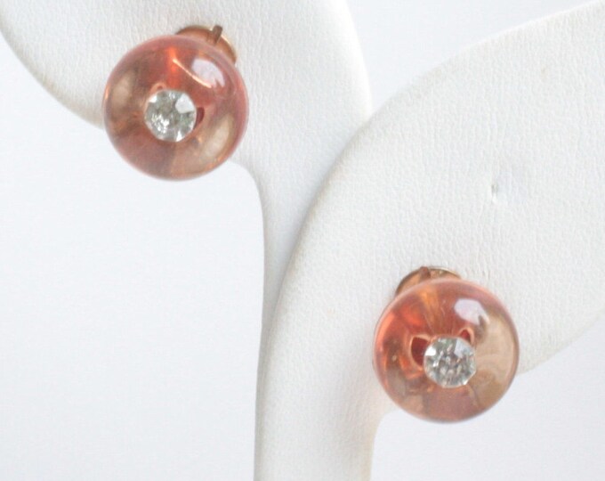 Apple Juice Lucite Earrings Rhinestones Shoe Button Clip On Style Vintage