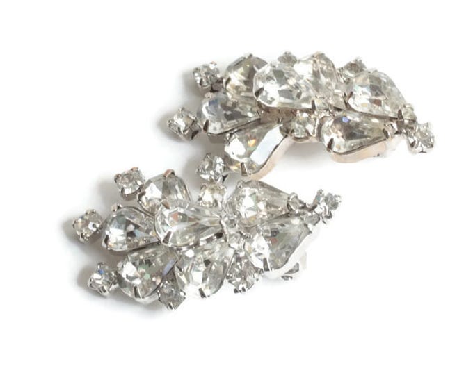 Large Clear Rhinestone Earrings Pear Cut and Chatons Layered Silver Tone Special Occasion
