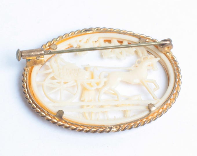 Carved Celluloid Oval Brooch Silhouette Horse and Buggy Woman with Dog Vintage