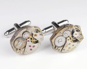 Steampunk Cufflinks Vintage Rustic Swiss Watch Movement Mens Gear Cuff Links by Steampunk Vintage Design