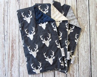 3 Deer Baby Burp Cloths with Minky Backs, Buck Forest Twilight Woodland Baby Burp Cloths, Navy Blue Deer Burp Cloths