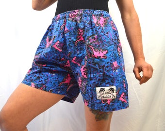 Vintage 80s Neon Lizard Gecko Summer Jams Shorts - Aloha Hawaiian Baggy