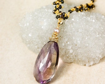 Purple Ametrine Teardrop Necklace on Black Pyrite Chain - Layering Necklace - 14Kt Gold Filled