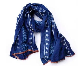 indigo scarf blue scarf Dark blue Navy hand printed hand dyed wholesale scarf Cotton/Silk women Fashion Accessories anniversary gift - Nila