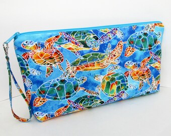 Large Zippered Project Bag Pouch, Blue Calypso Sea Turtles, Knitting Wedge Bag