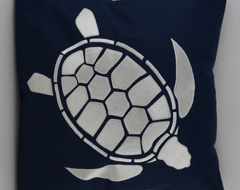 Turtle Pillow Cover, Embroidery, Nautical Pillow, Beach decor, Decorative Pillow, Accent Pillow, Fits 18"x18" Insert, Navy, Ready to ship