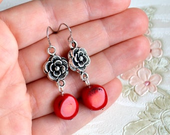 Red coral earrings Rose earrings Gift for her Romantic jewelry Flower earrings Red earrings Silver and read coral earrings Bohemian jewelry