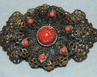 Vintage / Antique / C Clasp / Brooch / Coral / Filigree / Gold / old / jewelry / jewellery