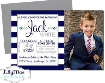 LDS Baptism Invitation, LDS Boy Baptism Invitation, Navy and Gray, Christening Invitation, Digital Baptism Invitation, Navy Stripe
