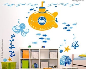 Submarine Wall Decal, Submarine Nursery Stickers, Underwater Wall Decal, Ocean Wall Decal, Fishes Wall Decal, Nursery Playroom Wall Decals